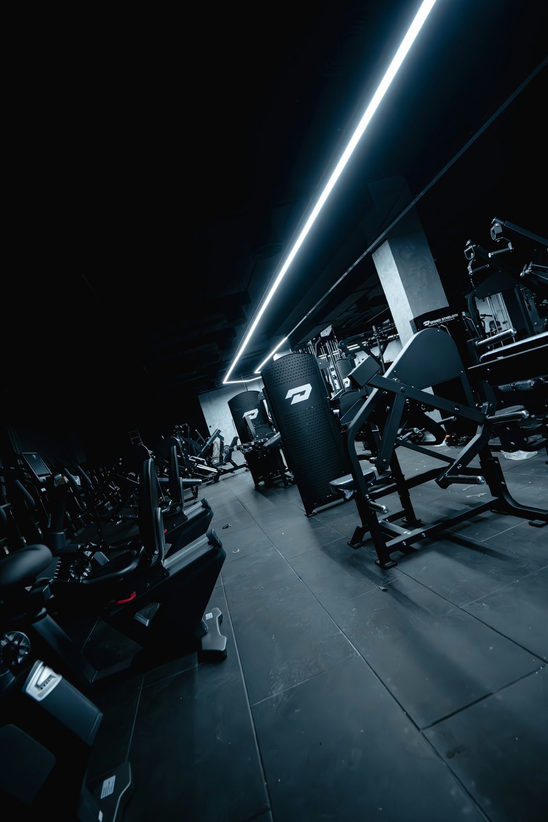 Gimnasio oscuro con iluminación lineal y equipamiento de fuerza